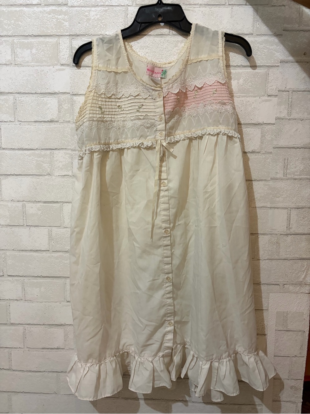VINTAGE curated Ivory Lace-Trim Women's Sleeveless Dress with Pink Accent